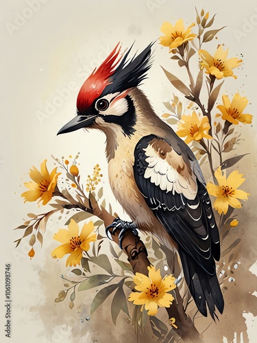 Woodpecker on a Branch with Yellow Flowers photo