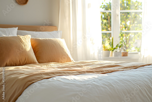 Beige and Gold Bed-sheet with Matching Pillows: A Luxurious and Elegant Bedroom Setting for Comfort and Style