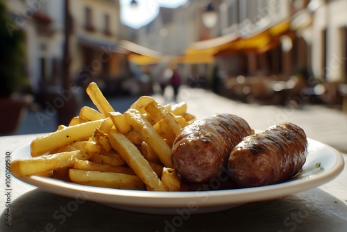 lose-up of two Fricadelles on crispy French fries, served on a simple white plate on a terrace table in a quaint French Flemish town square with blurred traditional buildings photo