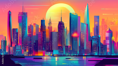 Wallpaper Mural Colorful futuristic cityscape with retro elements and playful design. Futuristic Bazaar. Illustration Torontodigital.ca