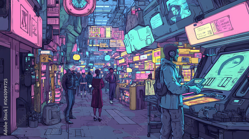 Colorful retrofuturistic space trader negotiating deals with aliens in a bustling intergalactic bazaar. Futuristic Bazaar. Illustration Colorful retrofuturistic space trader negotiating deals with aliens in a bustling intergalactic bazaar. Futuristic Bazaar. Illustration