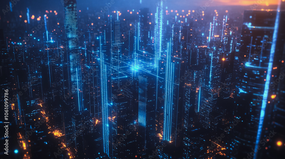 Fototapeta premium Smart digital city with connection cyber security network reciprocity over the cityscape . future smart wireless digital city and social media networking systems that connects people within the city