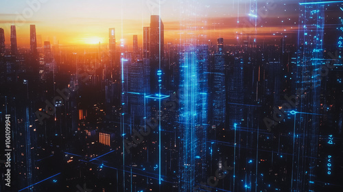 Smart digital city with connection cyber security network reciprocity over the cityscape . future smart wireless digital city and social media networking systems that connects people within the city