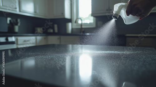 Person Spraying Disinfectant on Kitchen Countertop – Emphasizing Cleanliness and Hygiene in a Modern, Organized Kitchen Environment