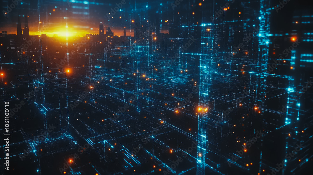 Obraz premium Smart digital city with connection cyber security network reciprocity over the cityscape . future smart wireless digital city and social media networking systems that connects people within the city