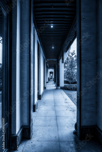 Serene Blue Toned Corridor  A Journey Through Architectural Elegance