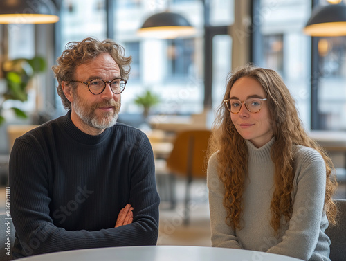 Un homme âgé accueille une jeune femme en entreprise : diversité, junior et senior, relation intergénérationnelle, mentorat au travail, alternance ou stage photo