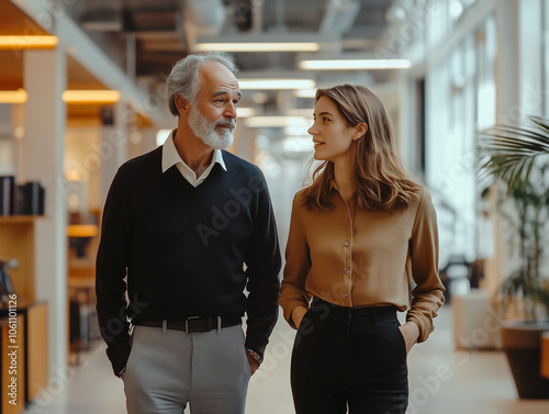 Un homme âgé accueille une jeune femme en entreprise : diversité, junior et senior, relation intergénérationnelle, mentorat au travail, alternance ou stage photo