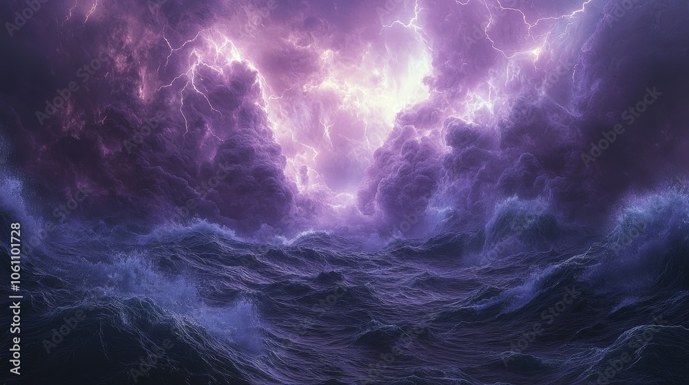Fototapeta premium This is a black spotlight smoke stage entertainment background with the image of purple lightning. The scene is hyper realistic.