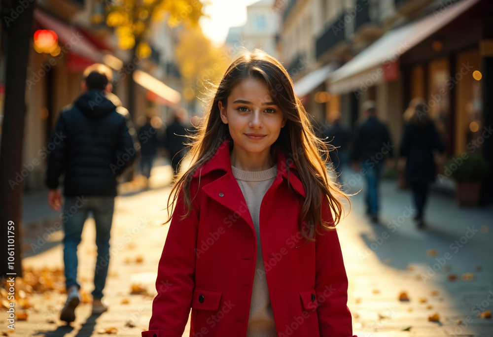 Smiling Girl Red Coat Autumn Street Walk Smiling Girl Red Coat Autumn Street Walk