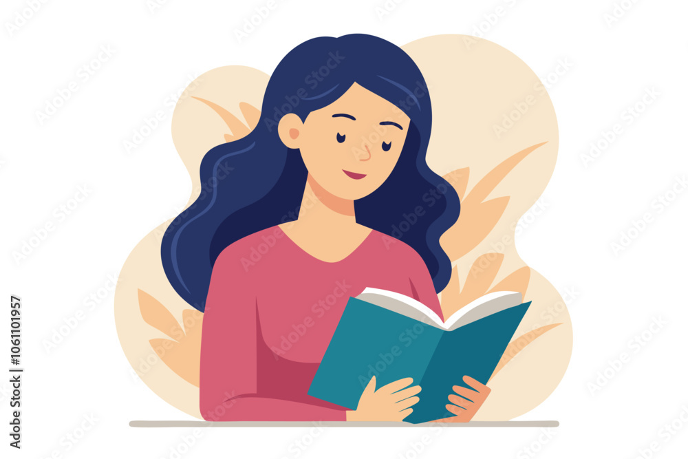 Young woman reading a book. Education, learning, preparing for exam concept. Flat vector illustration Young woman reading a book. Education, learning, preparing for exam concept. Flat vector illustration