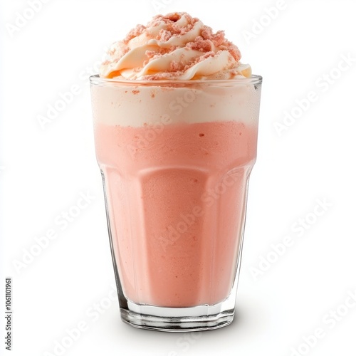 Pink strawberry milkshake with whipped cream and sprinkles in a glass.