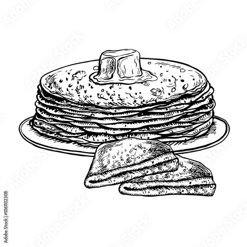 Pancakes with butter. Vector graphic drawing of pancakes. Black and white hand-drawn illustration of food. On a white background. Great for menus, posters or labels, cooking recipes and invitations.