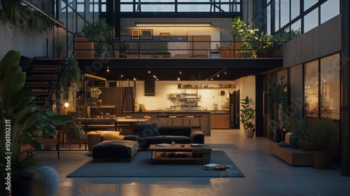 Modern open-plan loft apartment with a spacious living area, a kitchen, and a mezzanine level with a balcony overlooking the living room. The interior is decorated with greenery and natural light.