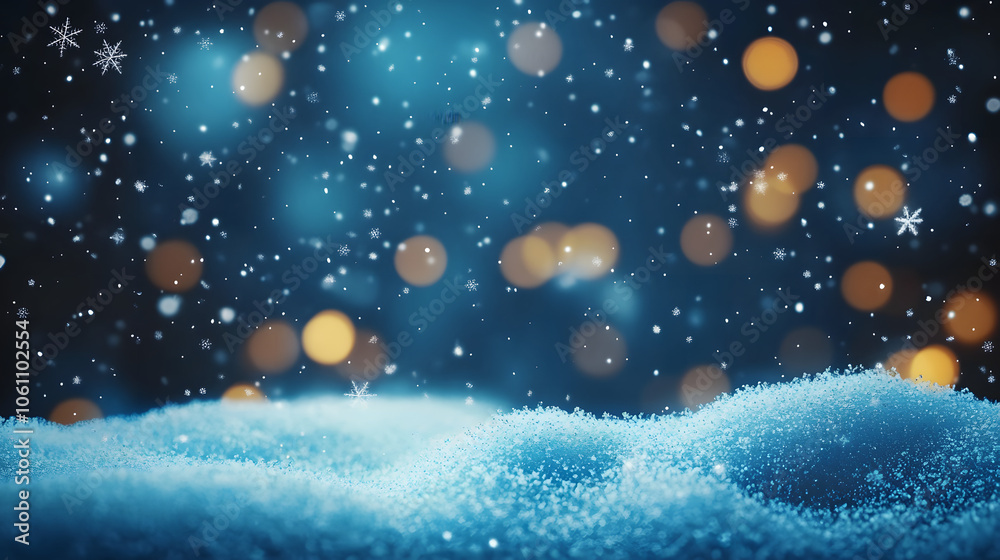 A blue Christmas background with snowflakes and bokeh lights, creating a festive and wintery atmosphere.. Banner, wallpaper, copy space. A blue Christmas background with snowflakes and bokeh lights, creating a festive and wintery atmosphere.. Banner, wallpaper, copy space.