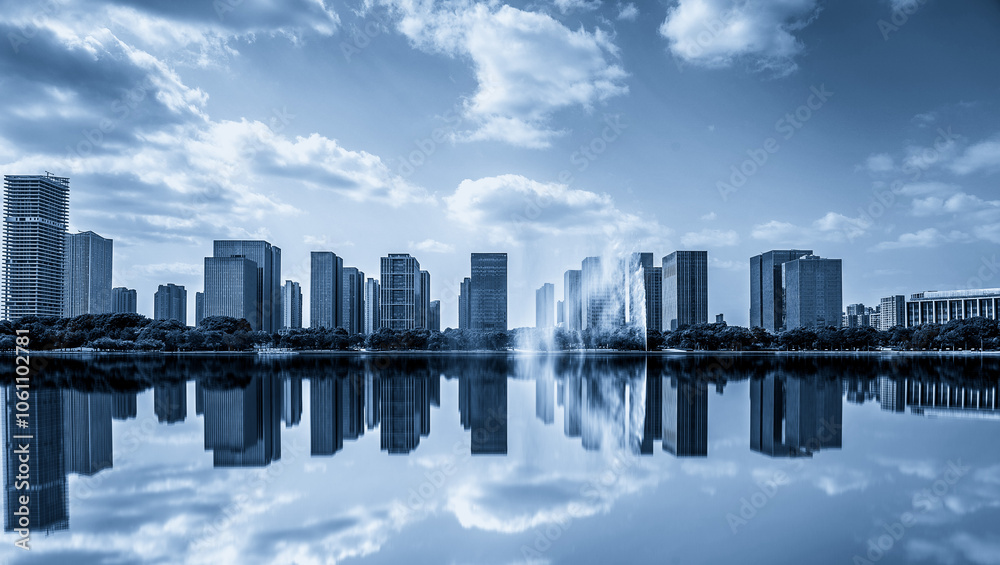 Naklejka premium Serene Urban Landscape: City Skyline Reflected in Water Under Blue Sky