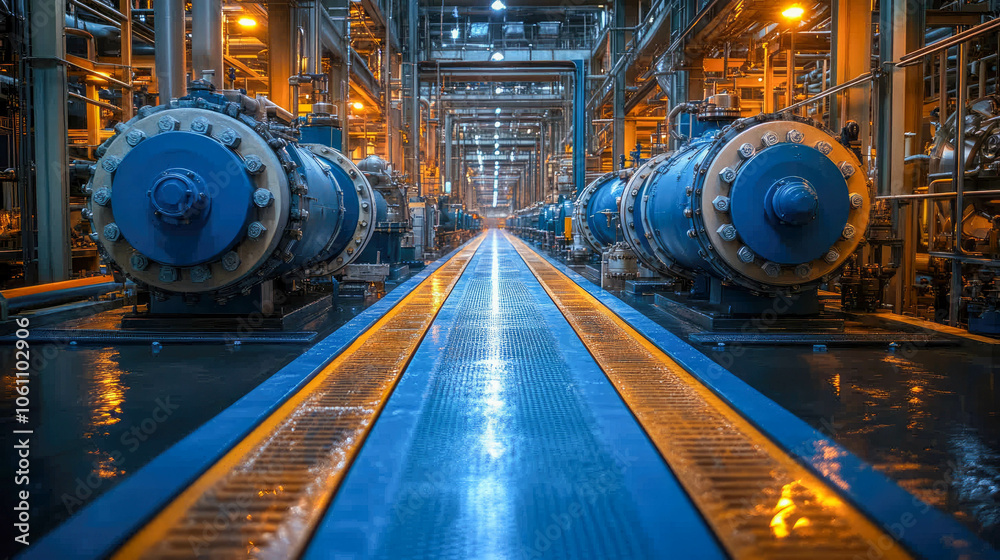 Symmetrical view of an industrial factory interior with large machinery and blue and yellow lighting Symmetrical view of an industrial factory interior with large machinery and blue and yellow lighting