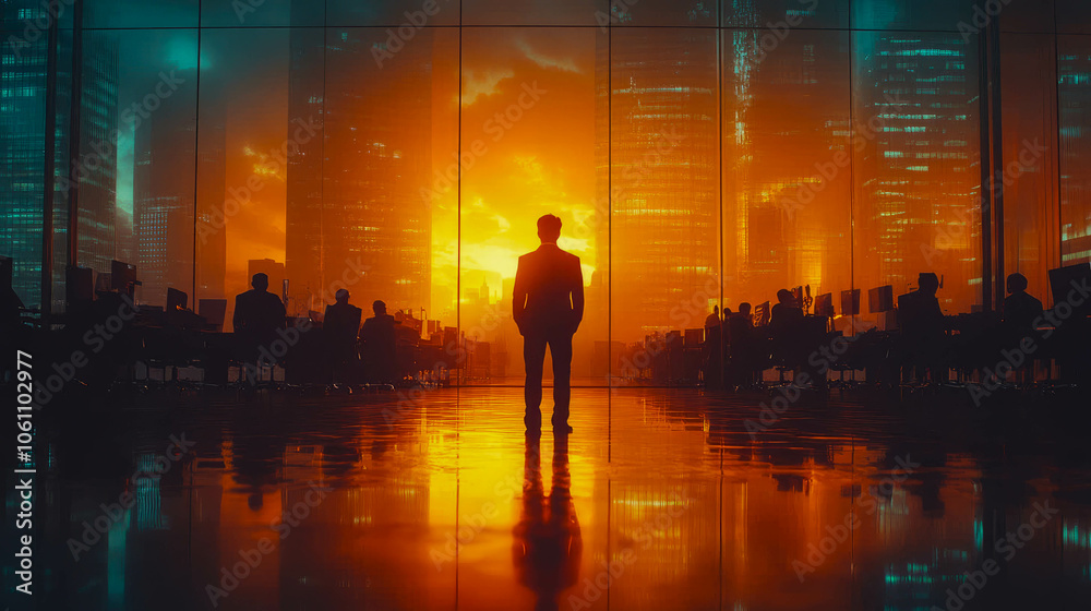A business professional in silhouette, standing in a high-rise office as the sun sets over the city, evoking themes of leadership and ambition A business professional in silhouette, standing in a high-rise office as the sun sets over the city, evoking themes of leadership and ambition