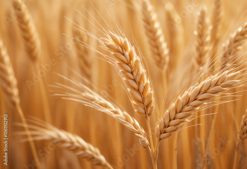 Golden Wheat Stalks in Summer Field,A closeup view of golden wheat stalks in a field, with the focus on a single stalk in the foreground and a blurred background of other stalks. photo