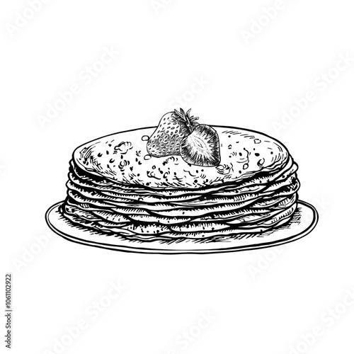 Pancakes on a plate with strawberries. Vector graphic drawing for the Maslenitsa holiday. Black and white hand-drawn illustration. On a white background. For menus, posters, recipes, invitations.