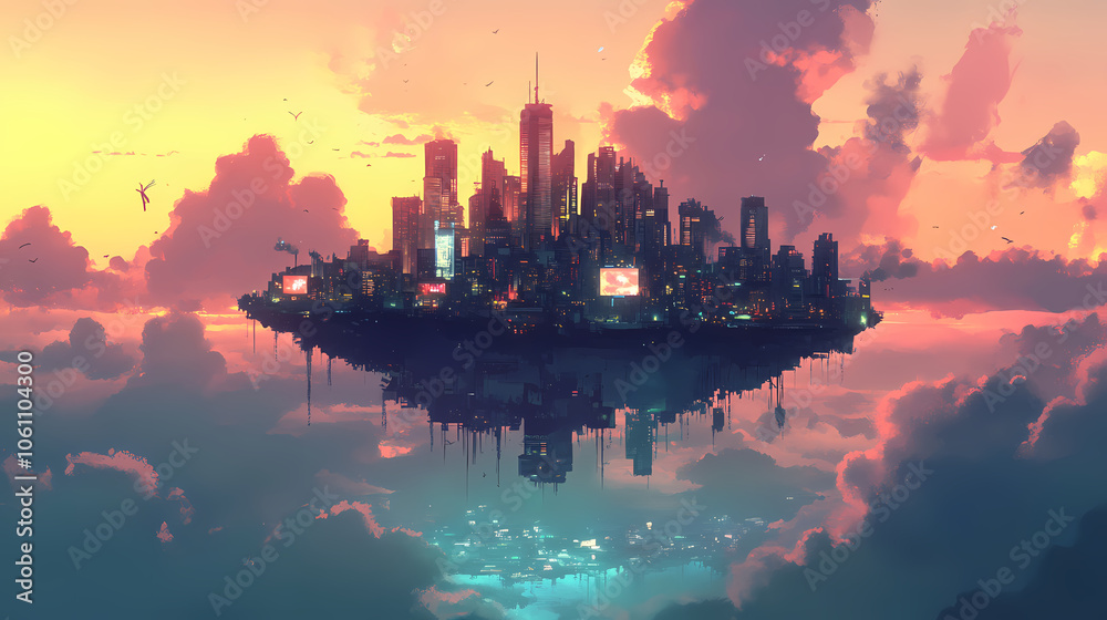 Floating cityscape. fantasy island in the sky. Floating Cityscape. Illustration Floating cityscape. fantasy island in the sky. Floating Cityscape. Illustration