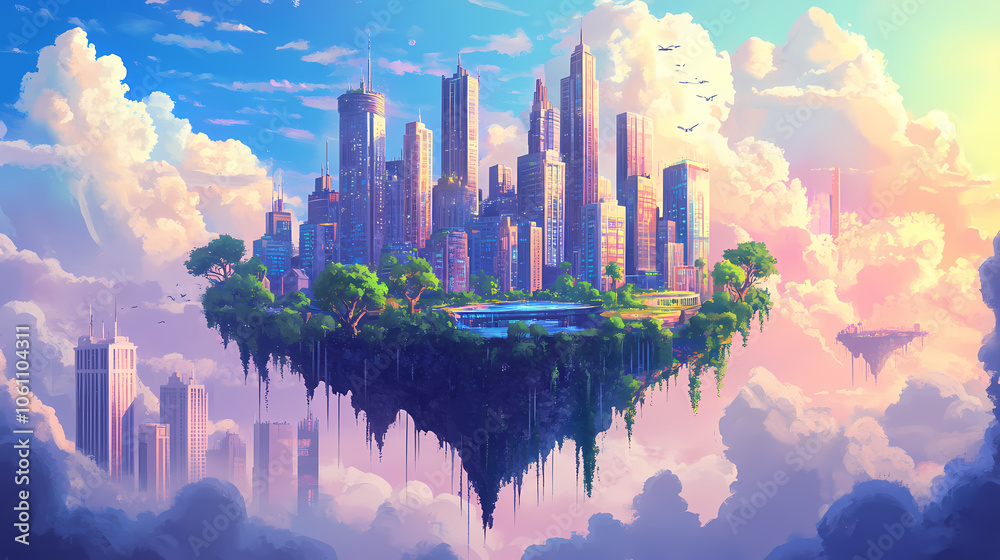 Fototapeta premium Floating cityscape. fantasy island in the sky. Floating Cityscape. Illustration