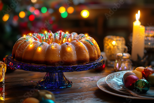 A festive Three Kings cake (Rosca de Reyes) sits on a table with colorful lights and holiday decor, capturing the warmth and joy of the Epiphany celebration.