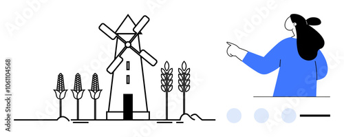 Woman pointing shows a windmill alongside crops like corn and wheat. Ideal for agriculture, sustainability, renewable energy, farming, and education. Simple clean lines emphasize a modern minimalist