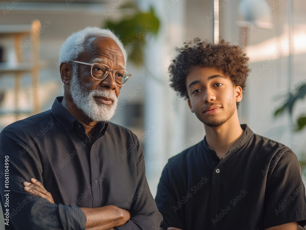 Portrait de deux salariés issus de la diversité : un junior et un senior, politique RSE en entreprise, solidarité intergénérationnelle, mentorat, apprentissage et performances Portrait de deux salariés issus de la diversité : un junior et un senior, politique RSE en entreprise, solidarité intergénérationnelle, mentorat, apprentissage et performances