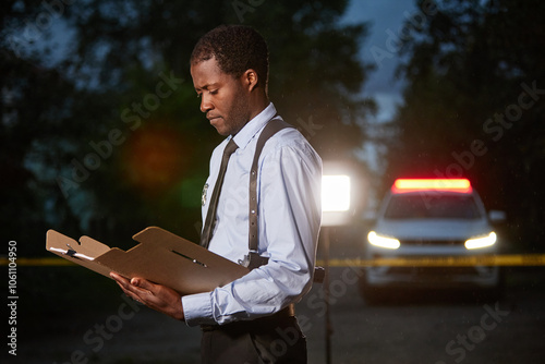 Side view portrait of African American police investigator reading documents standing at crime scene with file folder, copy space photo