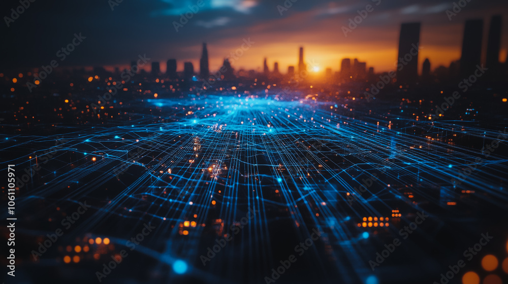Naklejka premium Smart digital city with connection cyber security network reciprocity over the cityscape . future smart wireless digital city and social media networking systems that connects people within the city