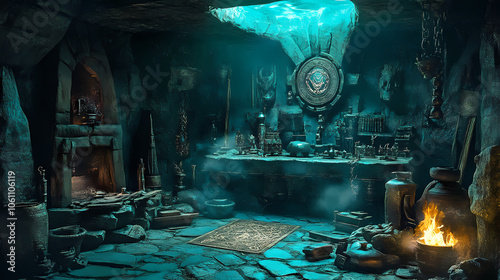 Evil sorcerer s lair filled with mysterious artifacts, dark magic crackling in the air, an aura of pure dread. Wizards Lair. Illustration