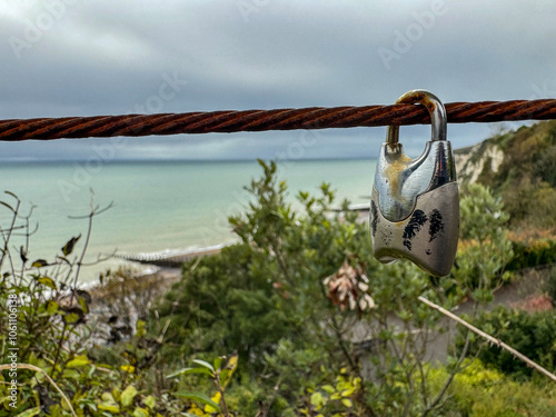 A padlock on the fence a the viewpoint at Holywell, in the resort town of Eastbourne, East Sussex, UK