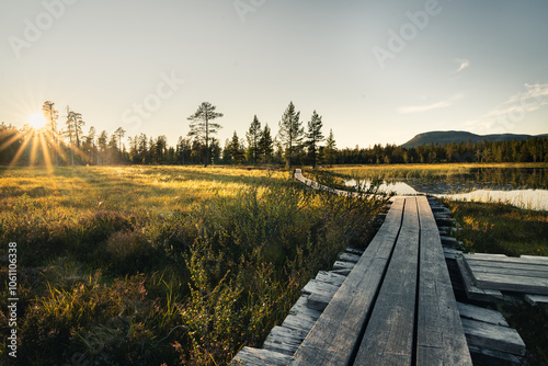 The golden hour bathes the grass and the tranquil lake, along a wooden walkway in Idre in Dalarna, Sweden, with vibrant sun rays of the sunstar shining through the trees