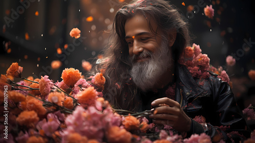 Indian guru surrounded by flowers
