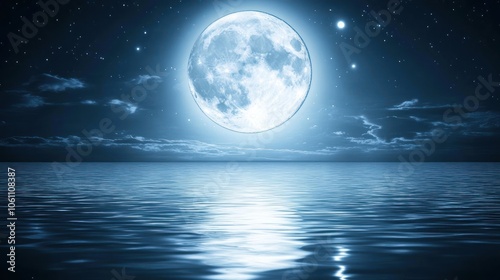 A full moon shines brightly over a calm sea at night, casting a soft glow on the water.