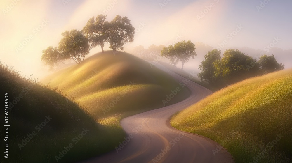 Serene Countryside Landscape with Rolling Hills and Winding Road Serene Countryside Landscape with Rolling Hills and Winding Road