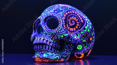 Vibrant Neon Skull Art for Dia de los Muertos or Halloween Holiday Colorful abstract and surreal sugar skull design with psychedelic luminous and mystical elements representing Mexican culture