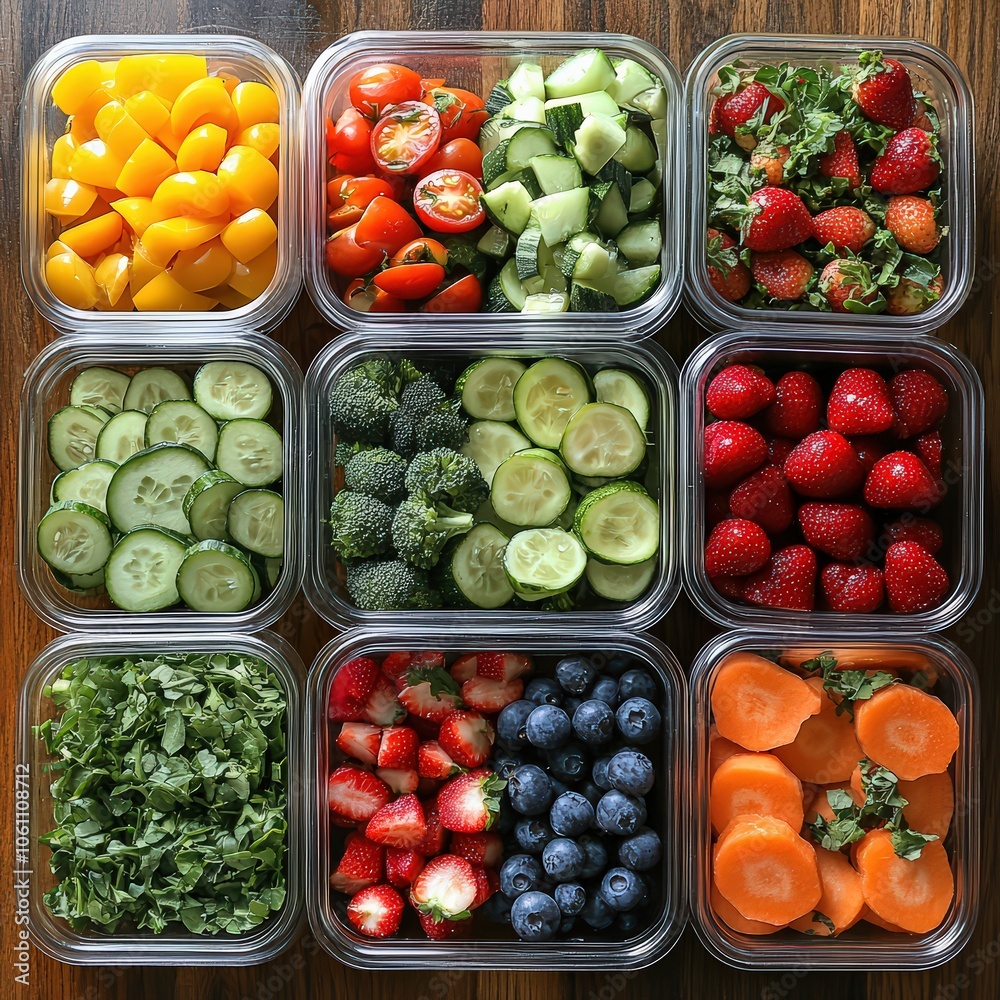 Healthy meal prep with fresh vegetables, fruits, and portioned containers. Healthy meal prep with fresh vegetables, fruits, and portioned containers.
