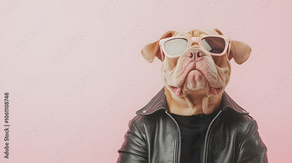Cool Bulldog in Sunglasses and Leather Jacket: A Fun and Stylish Portrait of a Trendy Dog with Attitude Cool Bulldog in Sunglasses and Leather Jacket: A Fun and Stylish Portrait of a Trendy Dog with Attitude