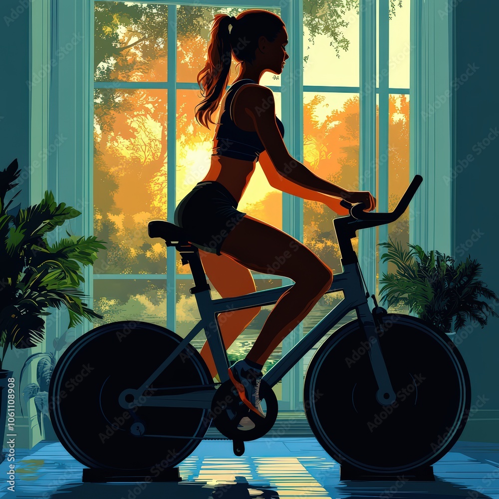 Fototapeta premium Vector of a person using a stationary bike to burn calories