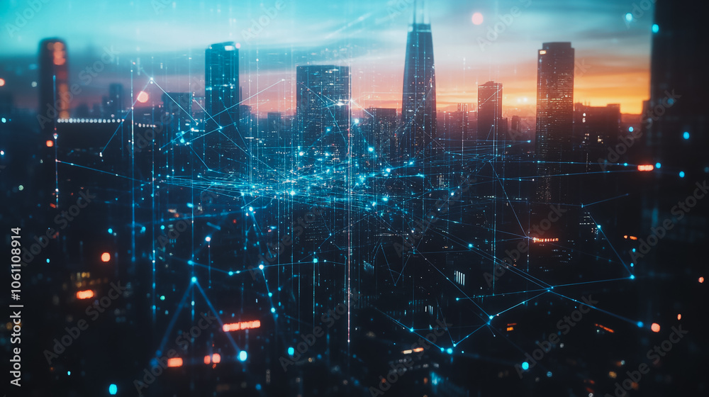 Smart digital city with connection cyber security network reciprocity over the cityscape . future smart wireless digital city and social media networking systems that connects people within the city Smart digital city with connection cyber security network reciprocity over the cityscape . future smart wireless digital city and social media networking systems that connects people within the city