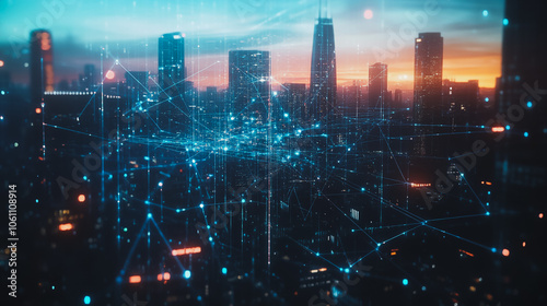 Wallpaper Mural Smart digital city with connection cyber security network reciprocity over the cityscape . future smart wireless digital city and social media networking systems that connects people within the city Torontodigital.ca