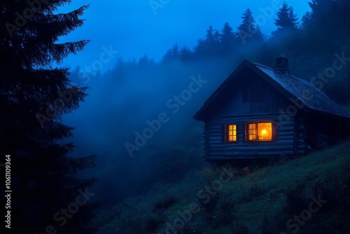 Solitary Warmth: A Mountain Cabin's Hopeful Glow Amidst the Dark Misty Woods