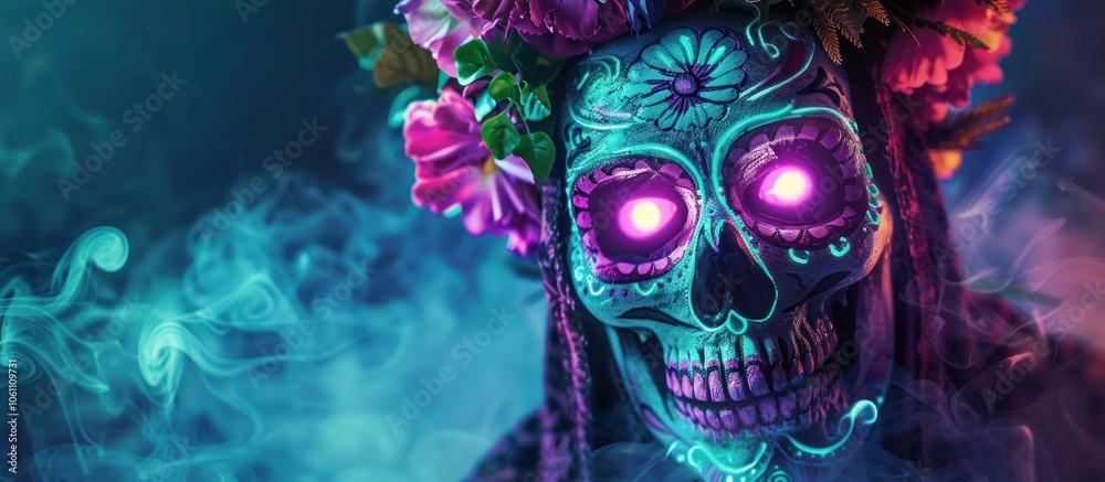 Fototapeta premium Vibrant and Mystical of a Skull Decorated with Colorful Flowers Leaves and Smoke Representing the Traditional Mexican Dia de los Muertos Day of the Dead Festival and of Death and the Afterlife