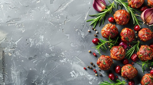 Fresh meatballs made with caul fat, displayed on a gray background from above with space for text. photo