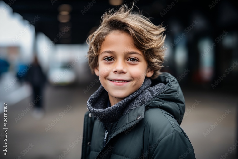 Portrait of a smiling little boy in a coat on the street Portrait of a smiling little boy in a coat on the street