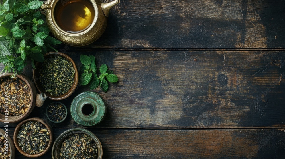 Aromatic Herbal Tea Ingredients on Rustic Wooden Background Aromatic Herbal Tea Ingredients on Rustic Wooden Background