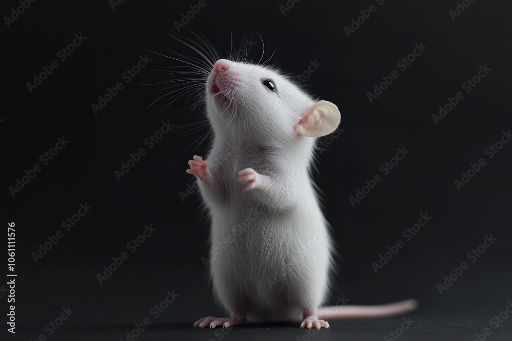 the beside view baby Rat standing, left side view, low angle, white copy space on right, Isolated on black Background the beside view baby Rat standing, left side view, low angle, white copy space on right, Isolated on black Background