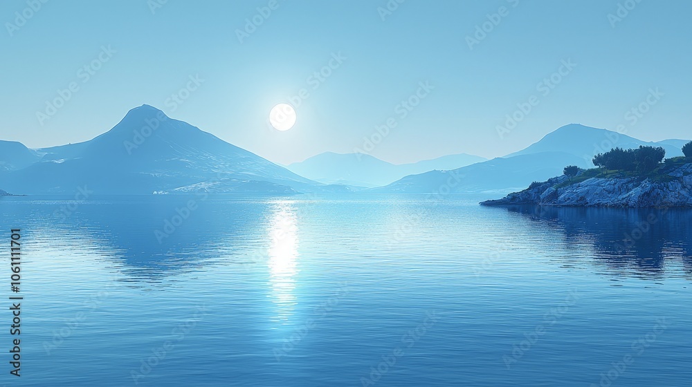 Serene landscape at dawn with mountains and calm water reflecting sunlight. Serene landscape at dawn with mountains and calm water reflecting sunlight.